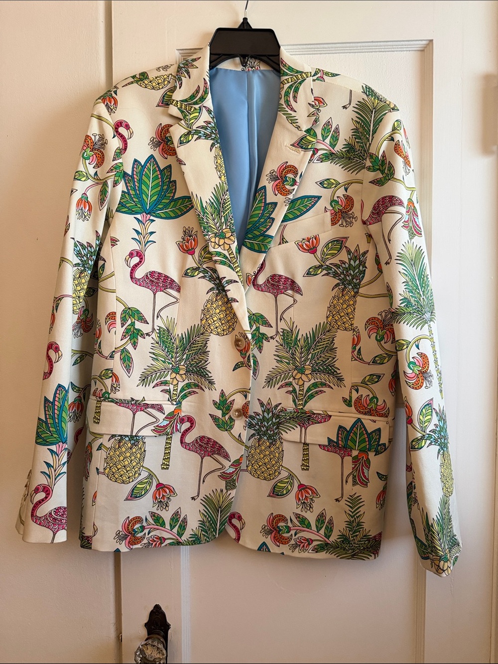 Cream Tropical Print Blazer Jacket with Pink & Green Accents